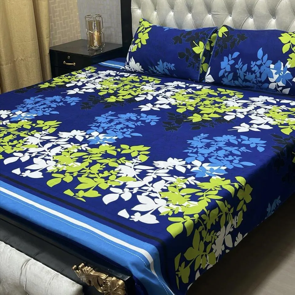 3 Pcs Crystal Cotton Printed Double Bedsheet
