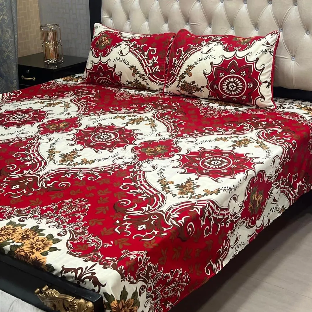 3 Pcs Crystal Cotton Printed Double Bedsheet