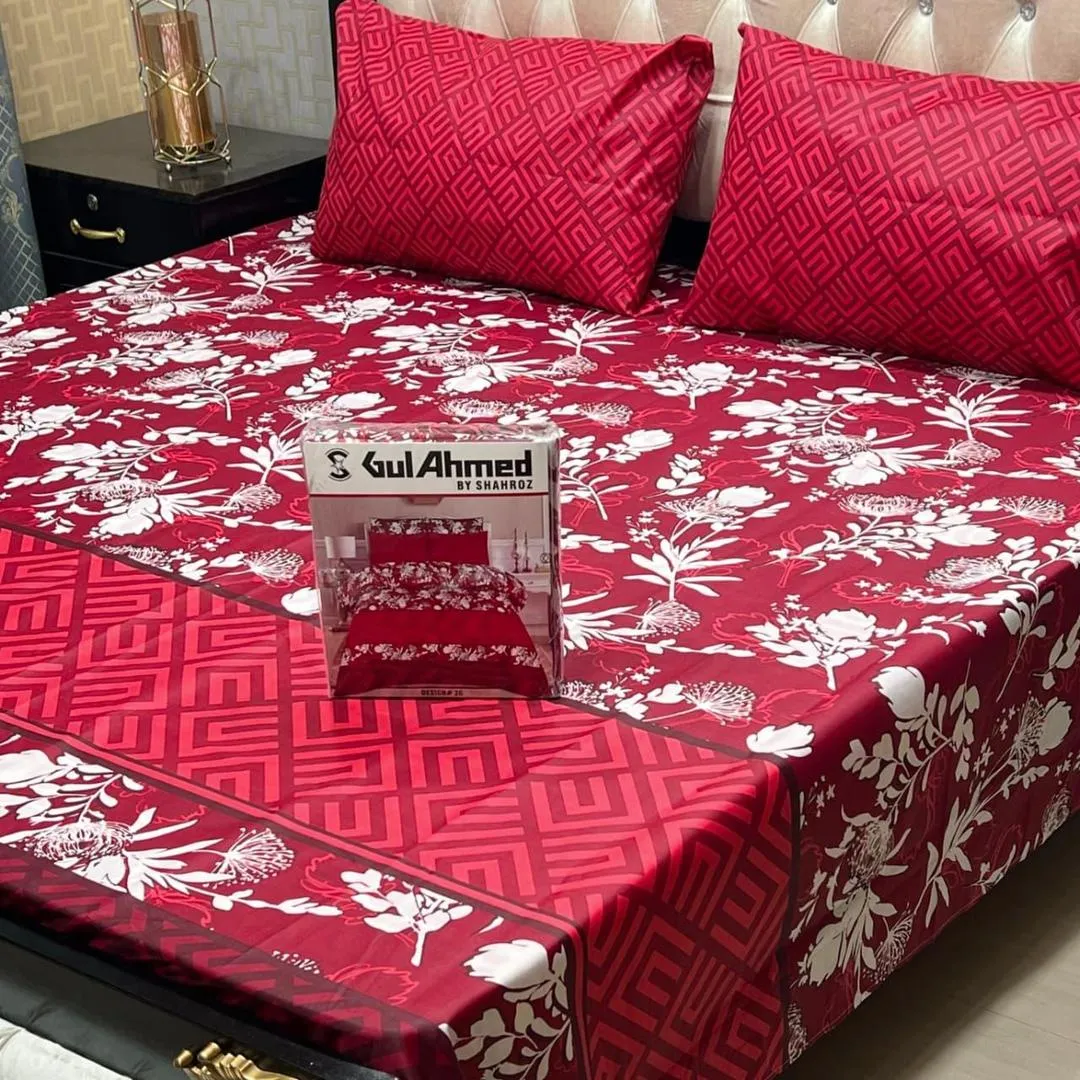 3 Pcs Cotton Sotton Printed Double Bedsheet