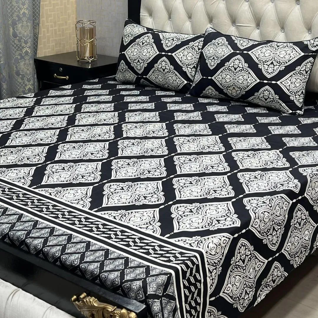 3 Pcs Crystal Cotton Printed Double Bedsheet