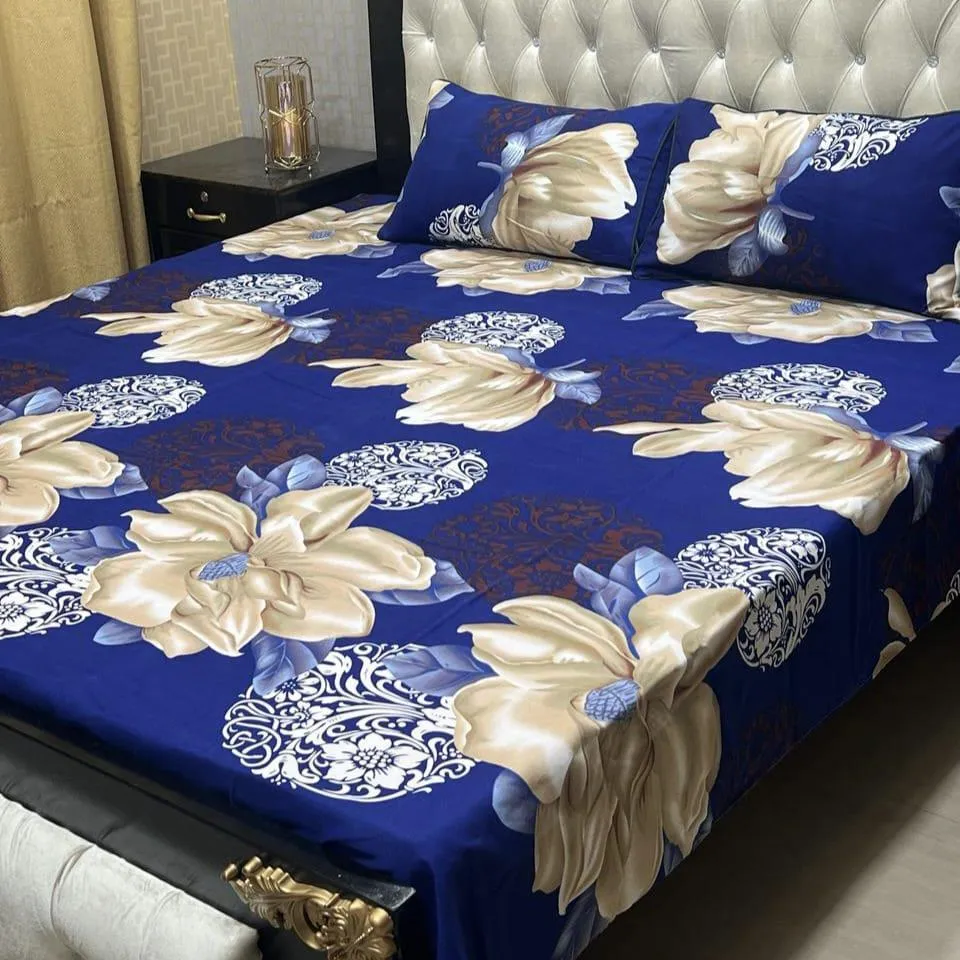 3 Pcs Crystal Cotton Printed Double Bedsheet