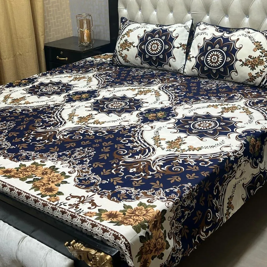 3 Pcs Crystal Cotton Printed Double Bedsheet