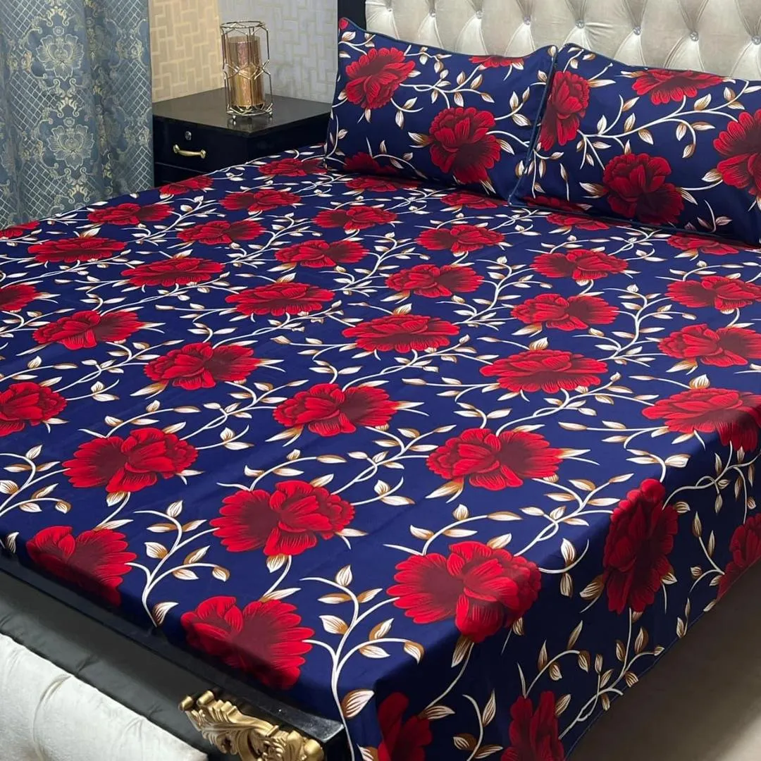 3 Pcs Crystal Cotton Printed Double Bedsheet