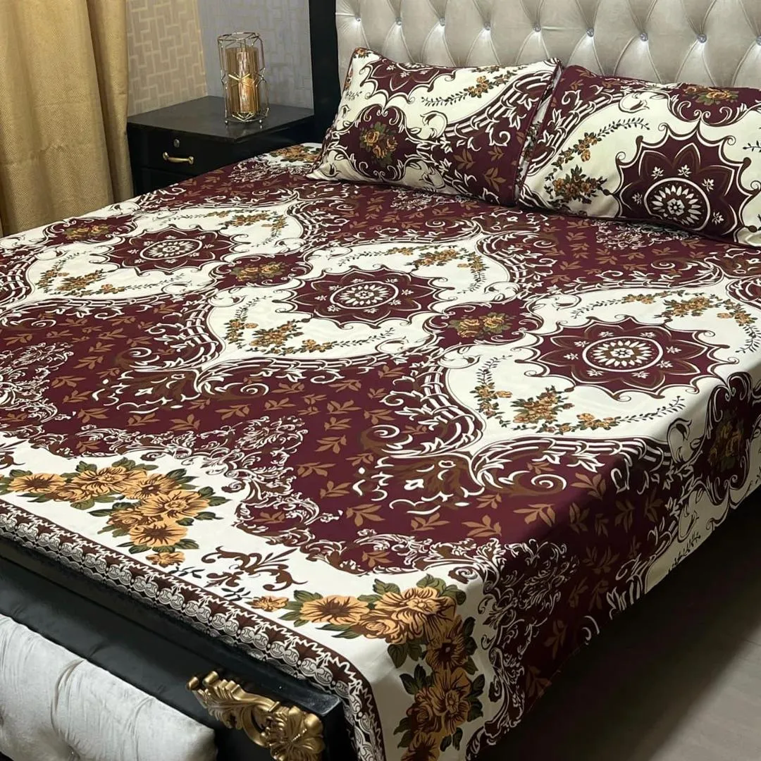 3 Pcs Crystal Cotton Printed Double Bedsheet