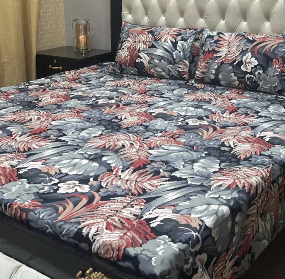 3 Pcs Crystal Cotton Printed Double Bedsheet