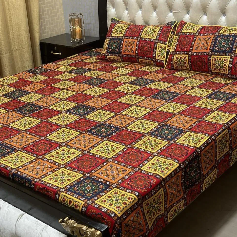 3 Pcs Crystal Cotton Printed Double Bedsheet