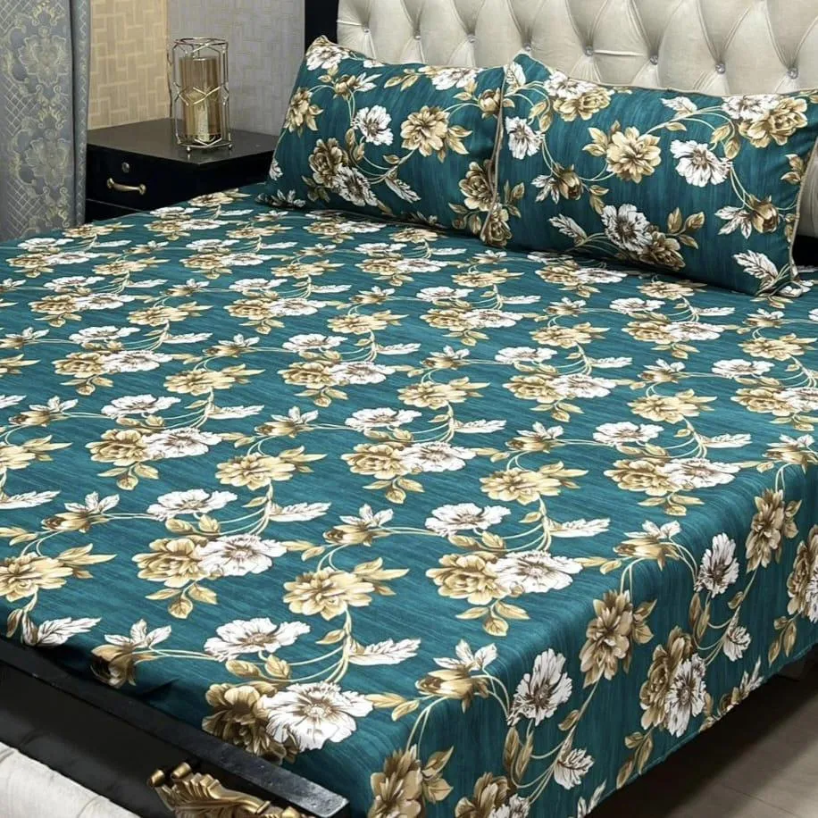 3 Pcs Crystal Cotton Printed Double Bedsheet