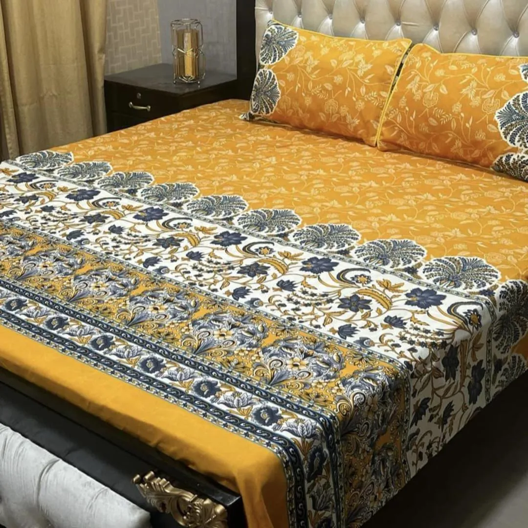 3 Pcs Crystal Cotton Printed Double Bedsheet