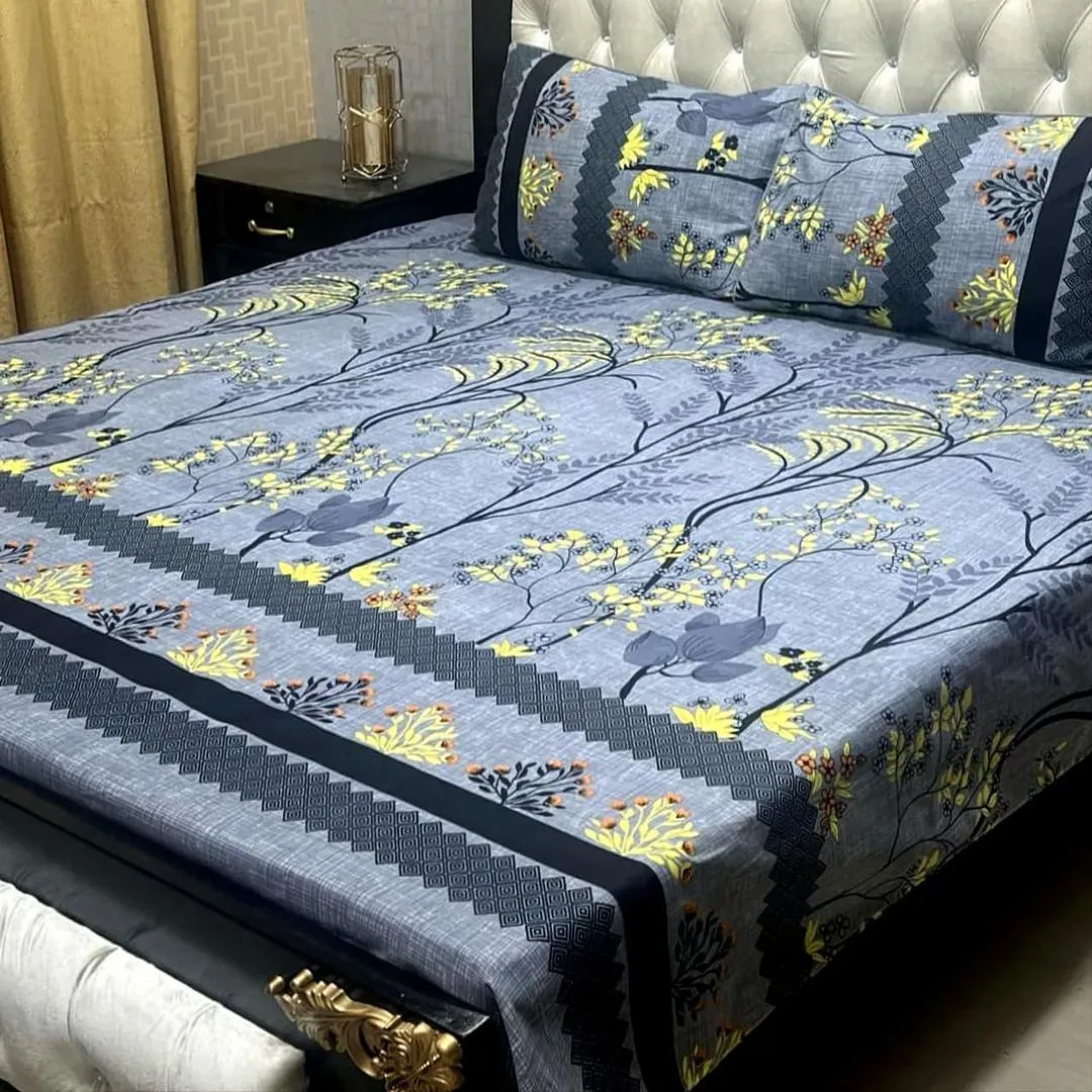 3 Pcs Crystal Cotton Printed Double Bedsheet