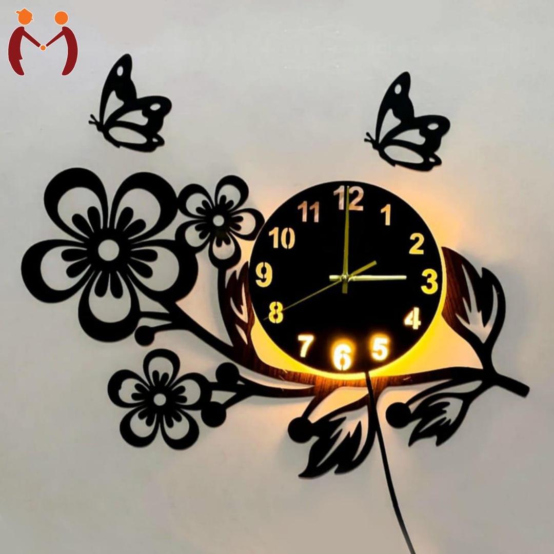 3D Flower Wooden Wall Clock With Premium Light