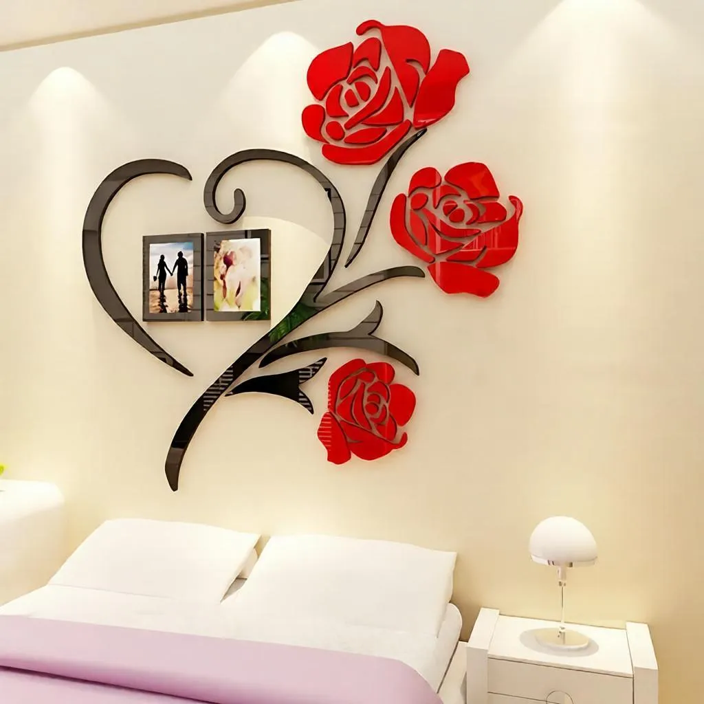 Heart Shape Red FlowerWooden Wall Art With Photo Frames