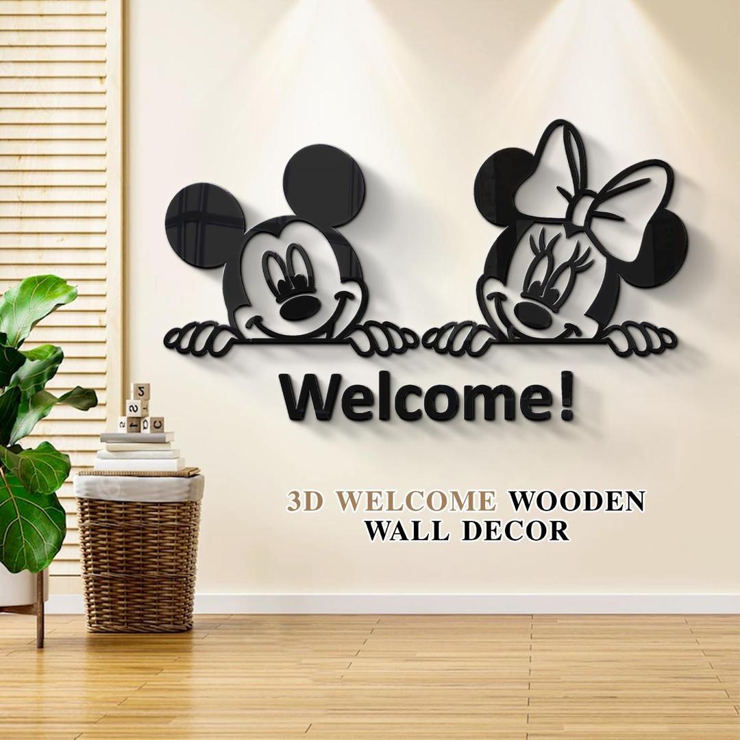 3D Mickey & Minnie Mouse Welcome  Wooden Wall Art