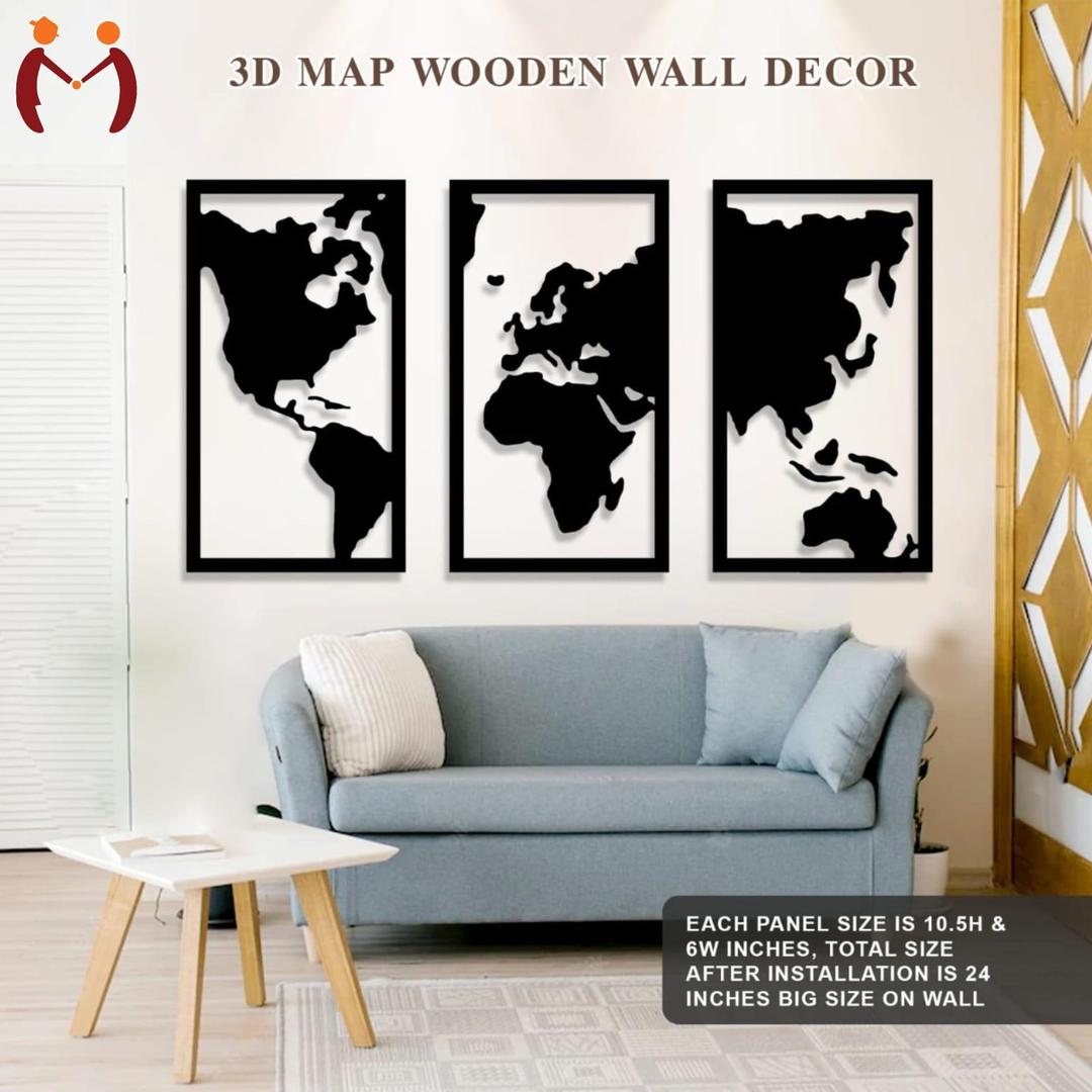 3 Panel World Map Wooden Wall Art 