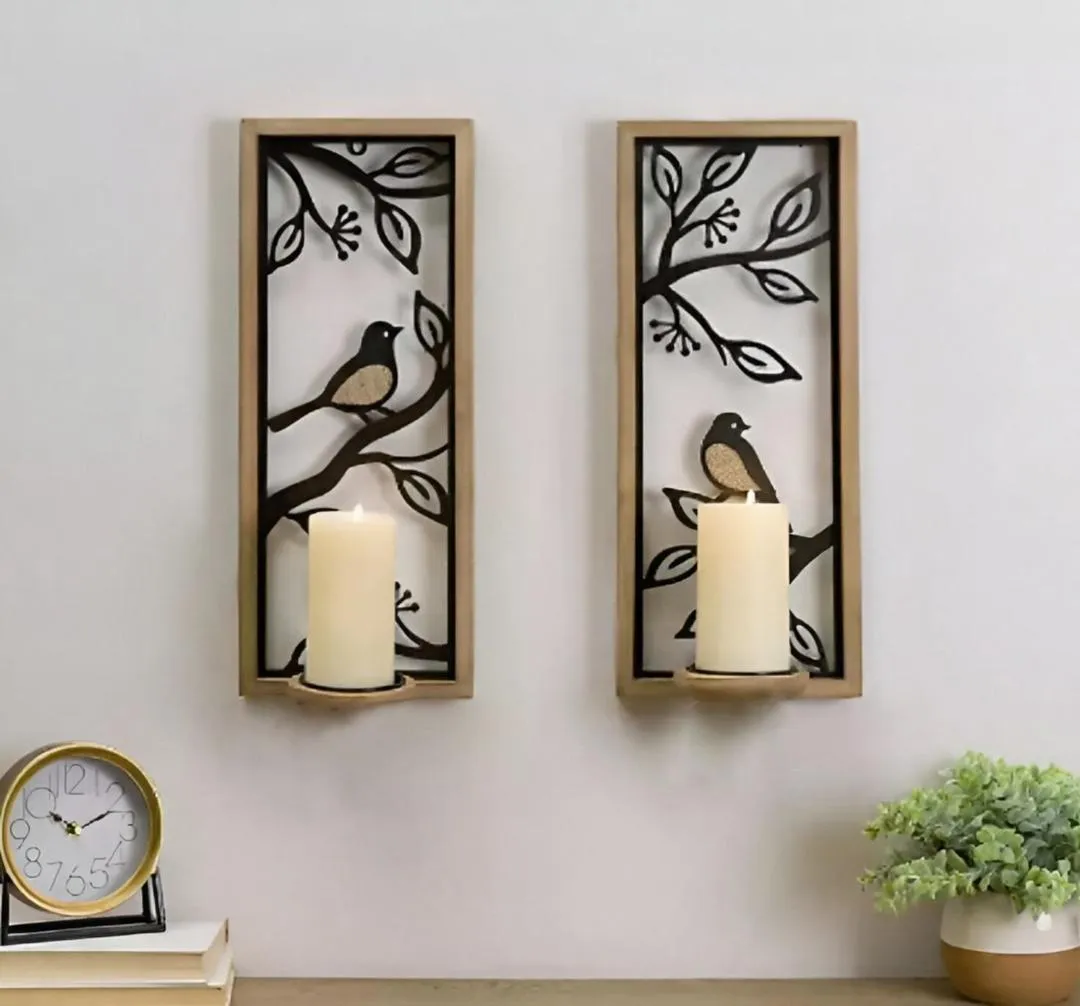 Set of 2 Bird & Branch Wall Sconce Shelves -  Candle Holders
