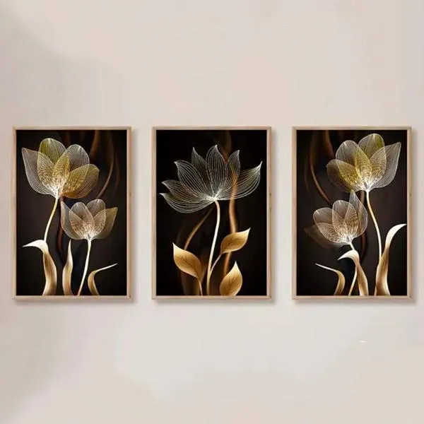 Golden Floral Wall Art Set of 3 I Modern 3 Piece Canvas Painting for Living Room & Bedroom I Decoration Pieces I Decoration