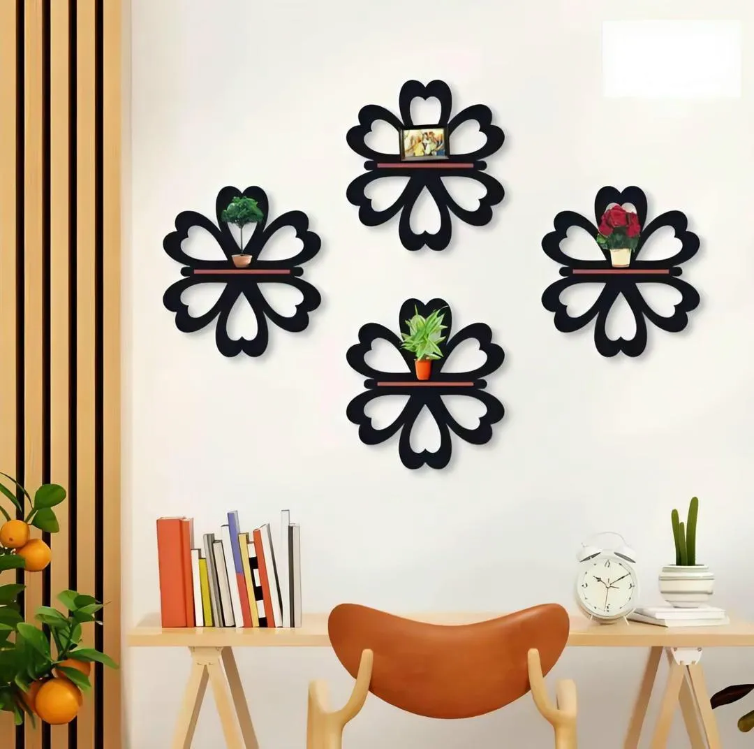Set of 4 Flower/Heart Shape Wooden Wall Shelves for Home Decor - Floating Display Racks I Decoration Pieces I Decoration Item For Home I Decoration For Wall