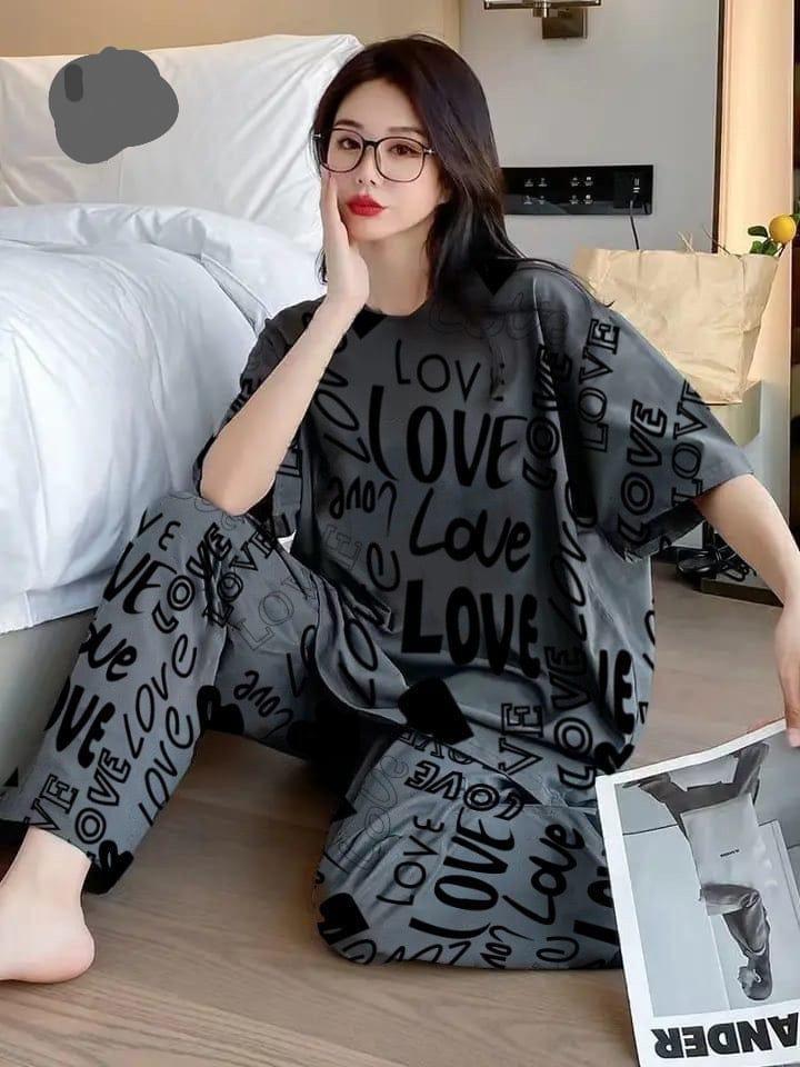 Stylish Printed Cotton Jersey Night Suit - 2 Pcs Set in Grey