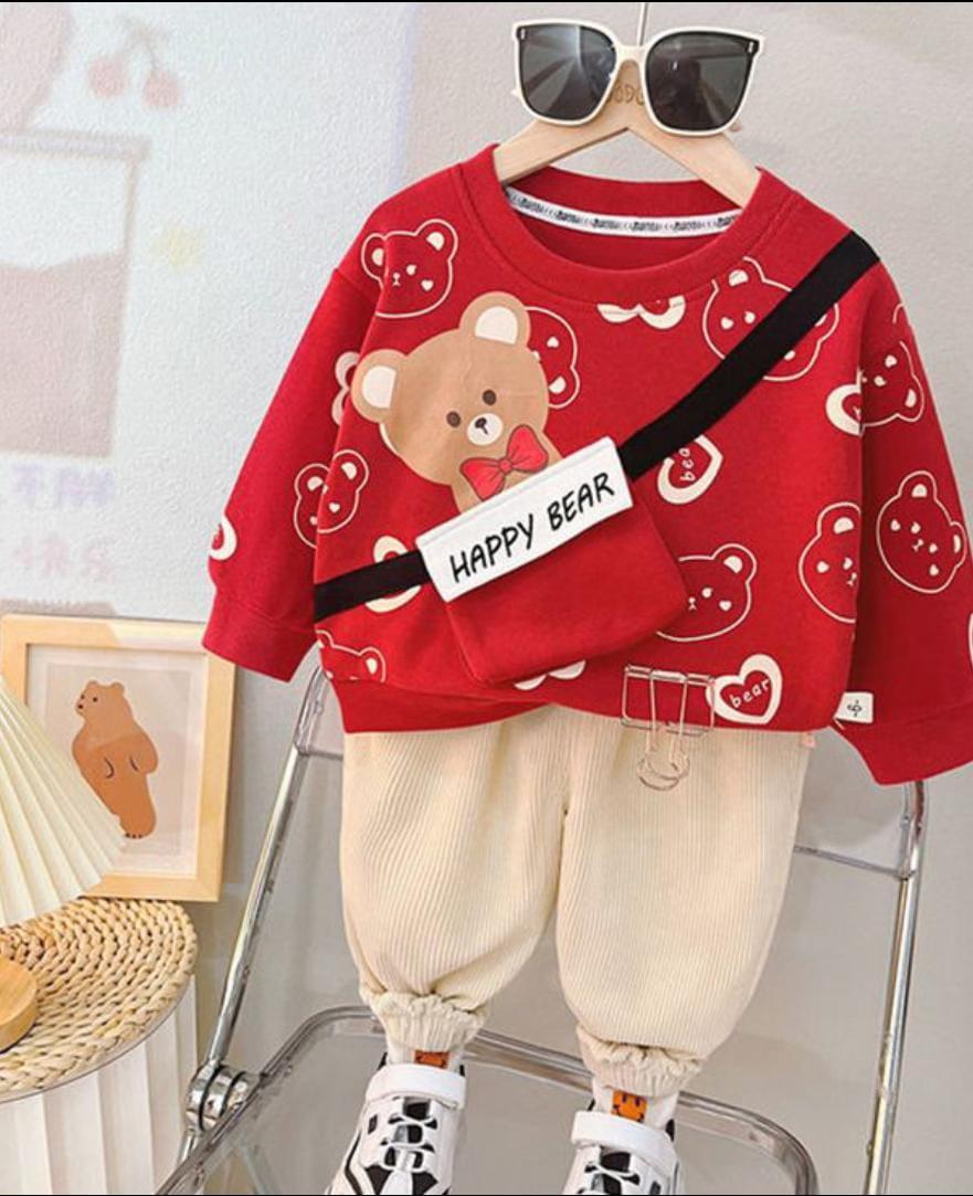Cozy Red Fleece Printed Tracksuit for Boys & Girls - 2 Pcs