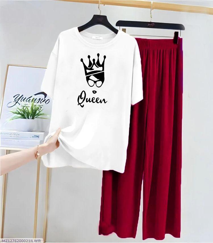 Women Printed Night Suit White Red