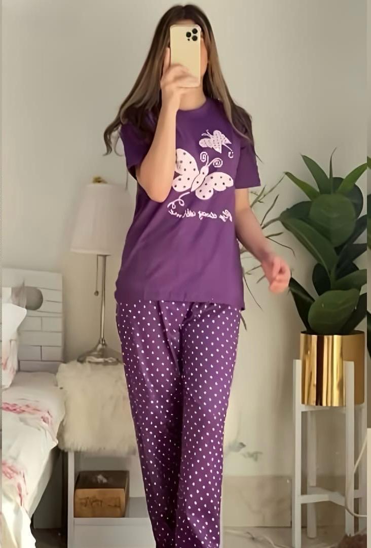 Cozy Cotton Jersey Night Suit Set - 2 Pcs in Plain Purple