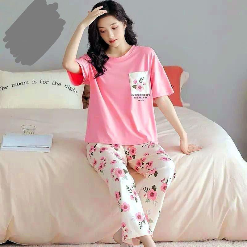 Comfortable 2 Pcs Women's Night Suit in Cotton Jersey - Plain Pink
