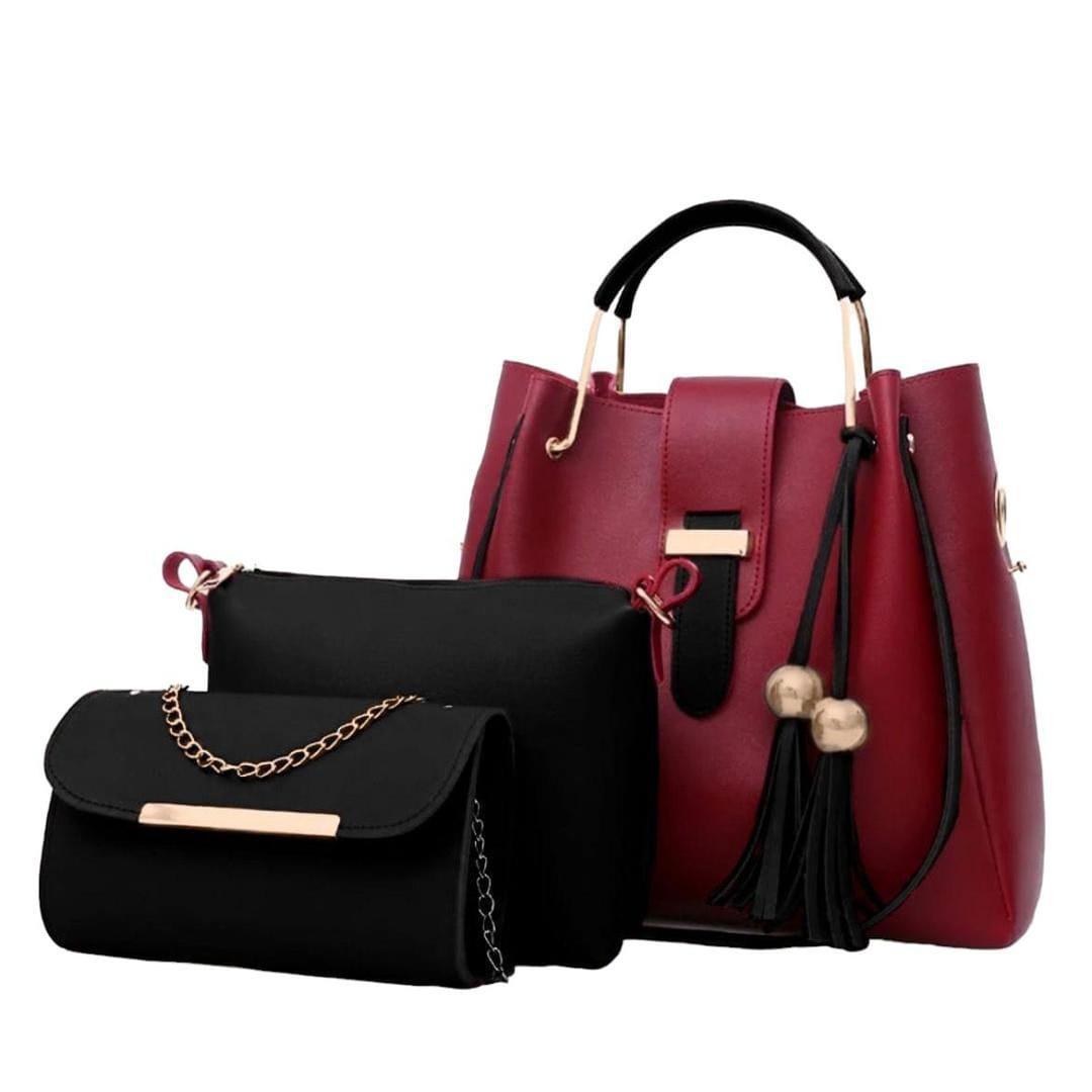 3 Pcs Women's Leather Plain Hand Bag Set