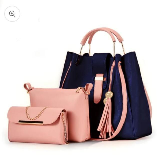 3 Pcs Women's Leather Plain Hand Bag Set