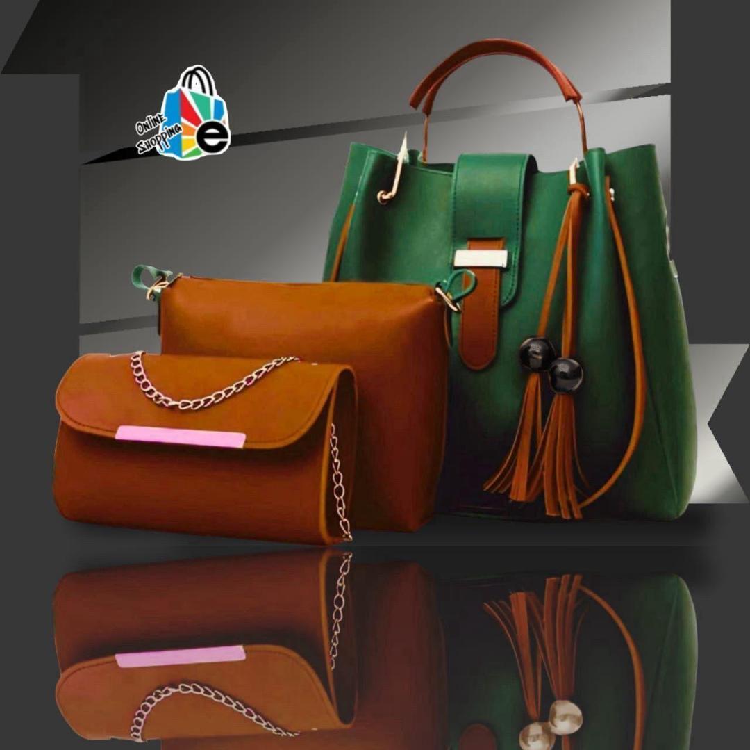 3 Pcs Women's Leather Plain Hand Bag Set