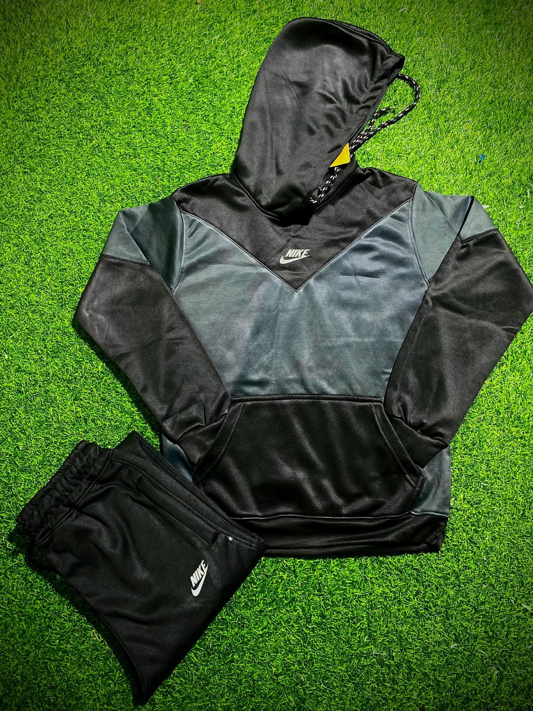 Men's Grey and Black Hooded Neck Hoodie Track Suit - 2 Pcs Polyester