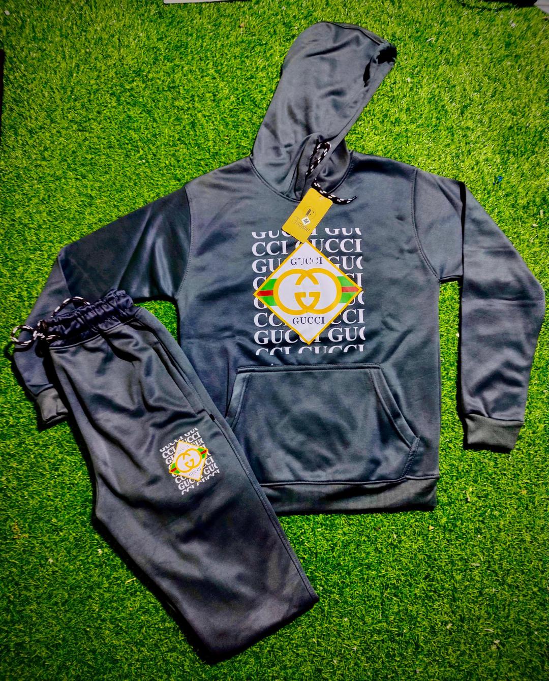 Men's Grey Hooded Neck Polyester Hoodie Track Suit - 2 Pcs