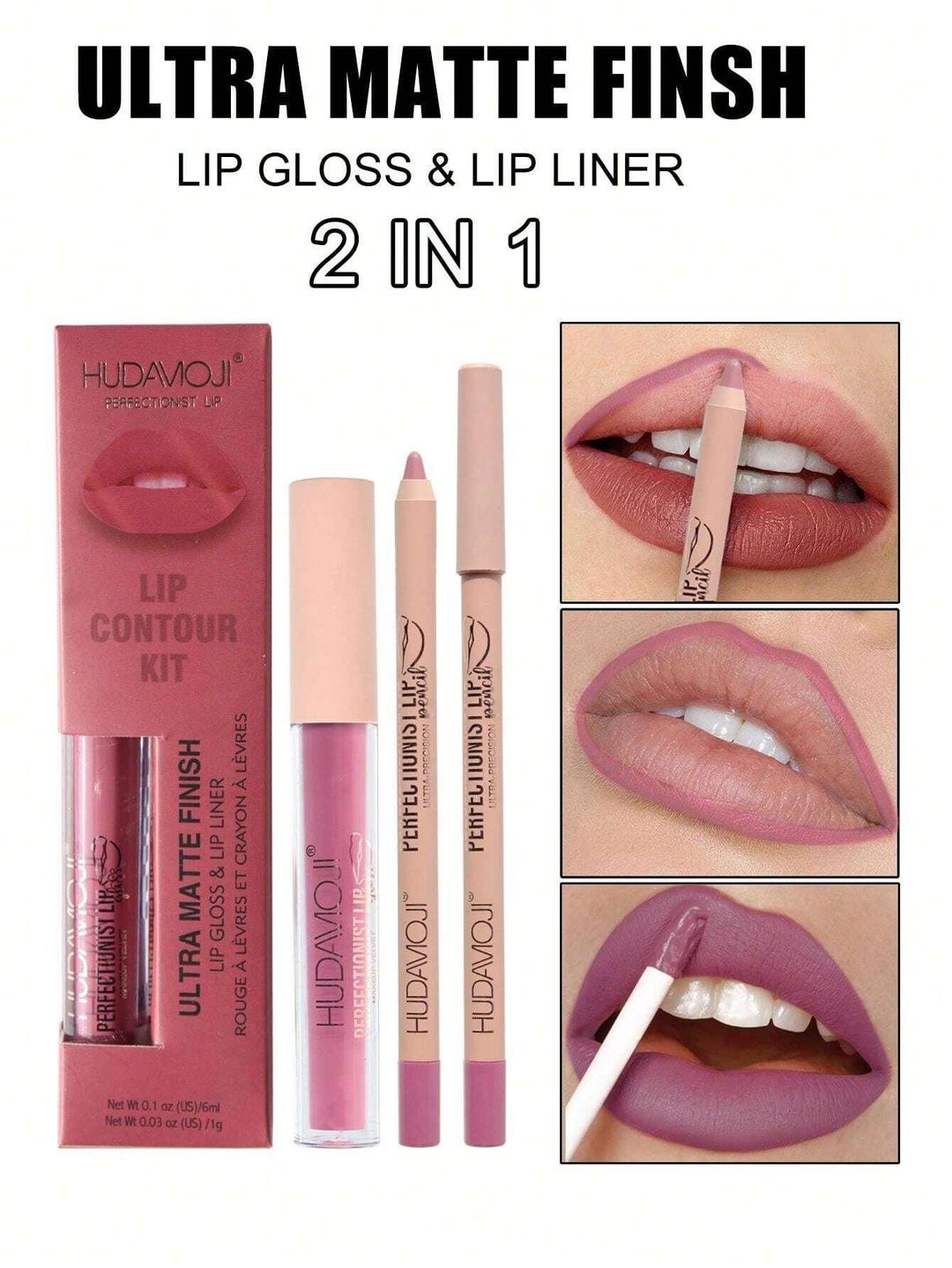 2 in 1 Makeup Deal: Lip Gloss & Lip Pencil Set (2 Pcs)