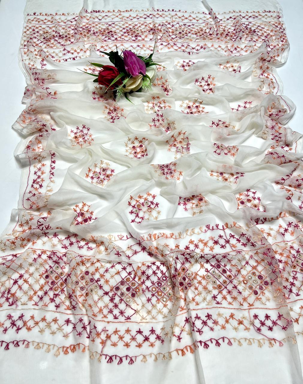 Elegant Off White Embroidered Chiffon Dupatta - Standard Size