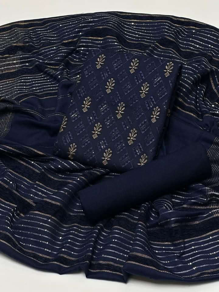 3 Pcs Women's Unstitched Zari Tilla Embroidered Suit