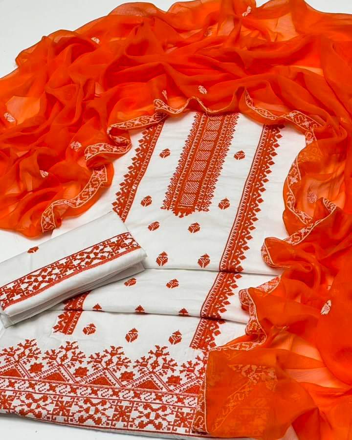 3 Pcs Women's Unstitched Chikankari Embroidered Suit