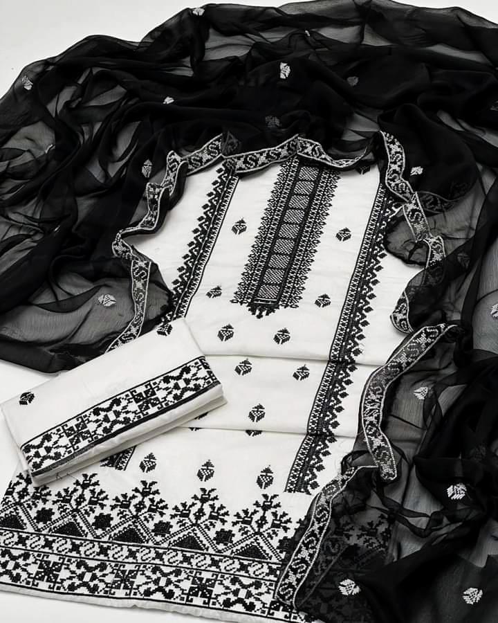 3 Pcs Women's Unstitched Chikankari Embroidered Suit