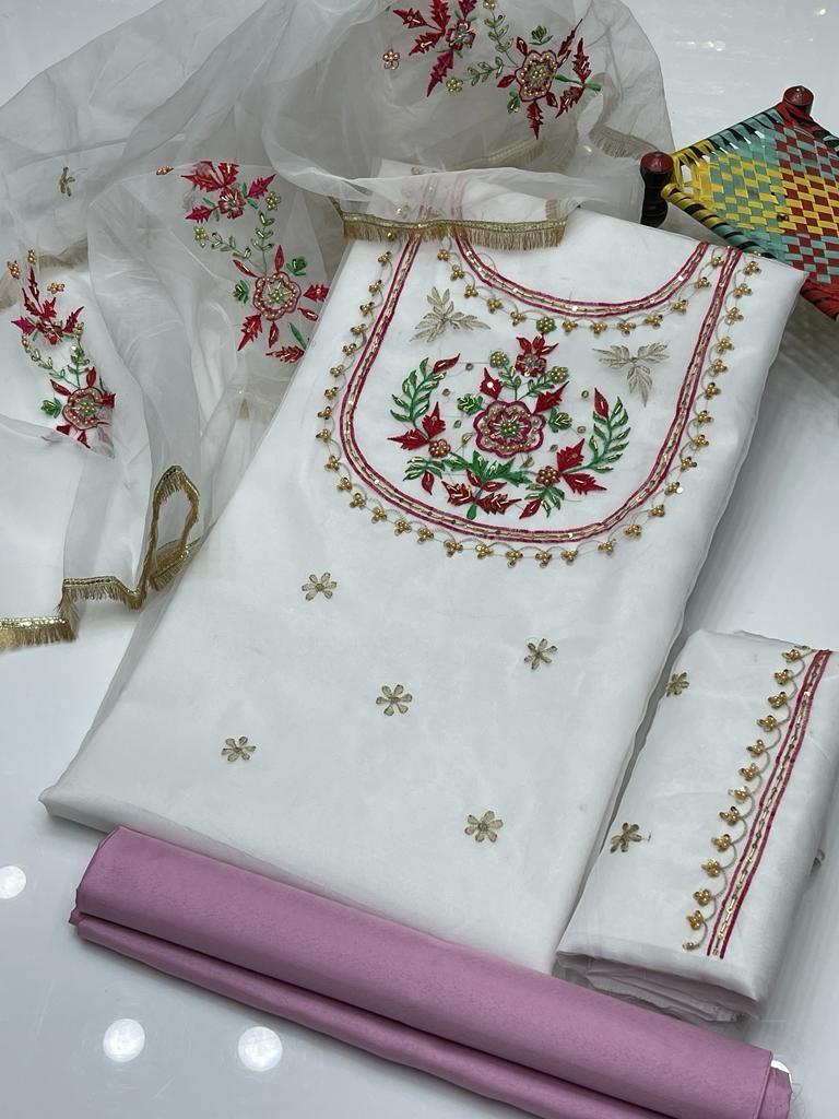 3 Pcs Women's Unstitched Zari Tilla Embroidered Suit