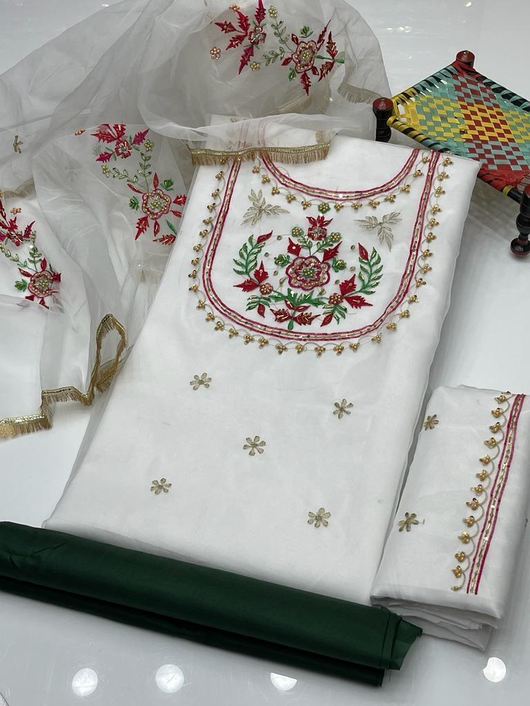 3 Pcs Women's Unstitched Zari Tilla Embroidered Suit