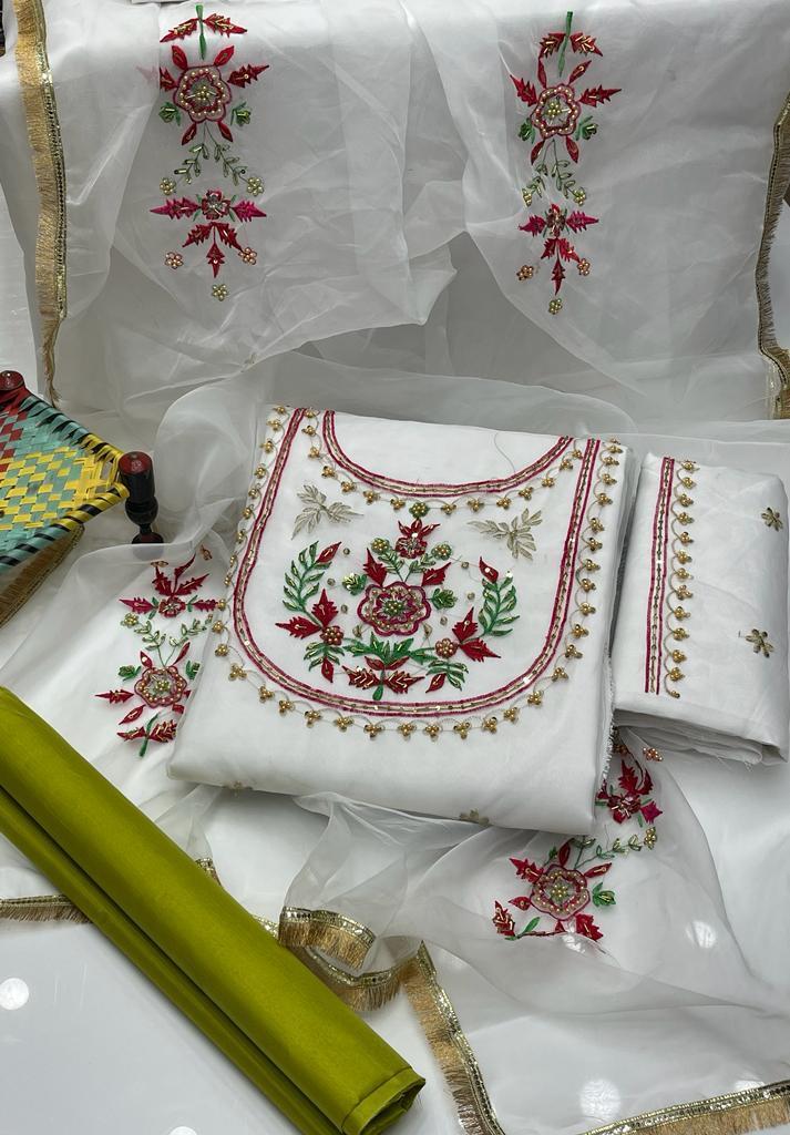 3 Pcs Women's Unstitched Zari Tilla Embroidered Suit