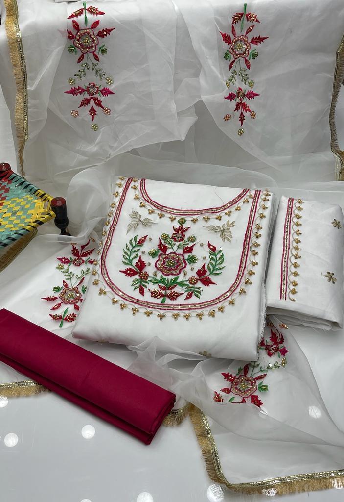 3 Pcs Women's Unstitched Zari Tilla Embroidered Suit