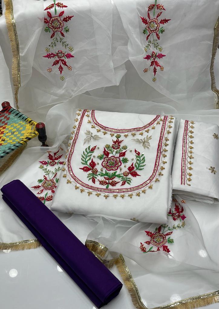 3 Pcs Women's Unstitched Zari Tilla Embroidered Suit