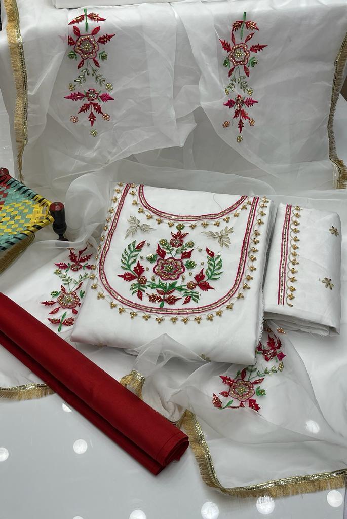 3 Pcs Women's Unstitched Zari Tilla Embroidered Suit