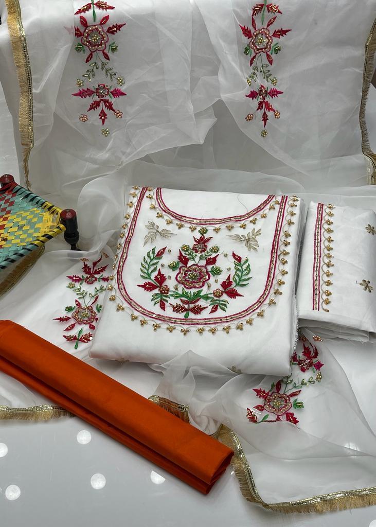 3 Pcs Women's Unstitched Zari Tilla Embroidered Suit