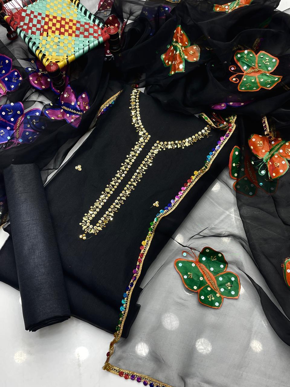 3 Pcs Women's Unstitched Zari Tilla Embroidered Suit