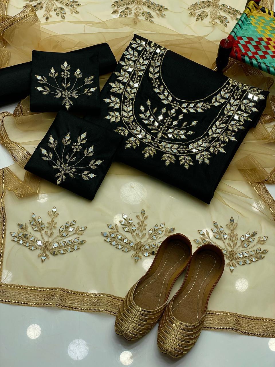 3 Pcs Women's Unstitched Mirror Work Suit