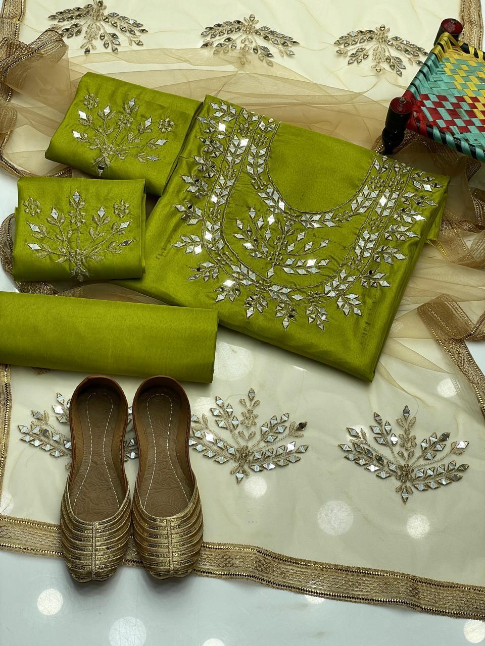 3 Pcs Women's Unstitched Mirror Work Suit