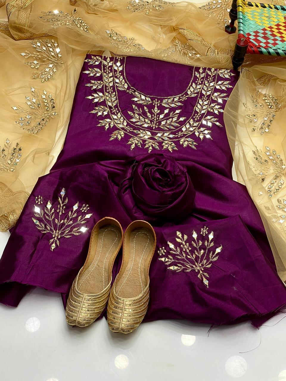 3 Pcs Women's Unstitched Mirror Work Suit