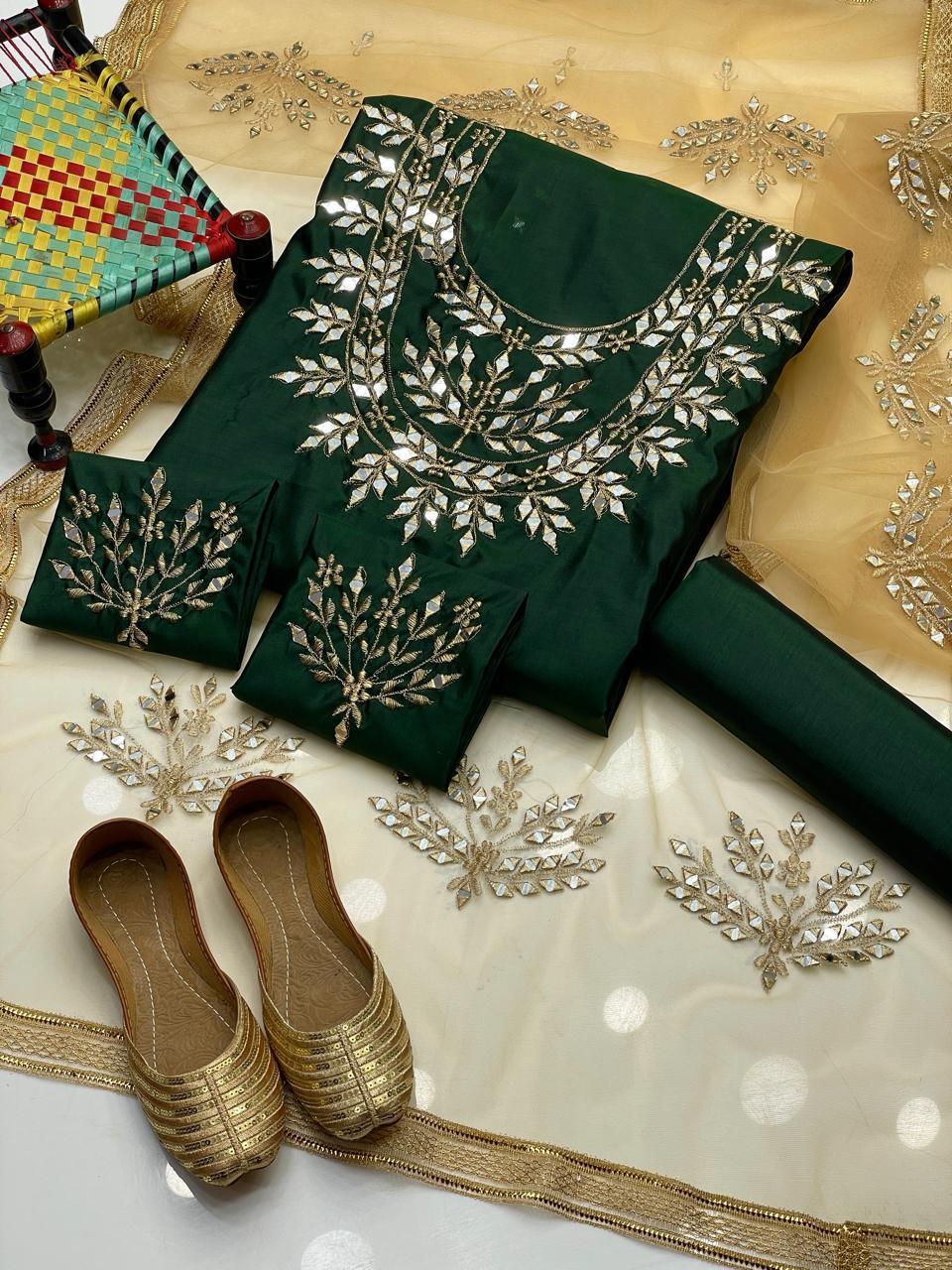 3 Pcs Women's Unstitched Mirror Work Suit