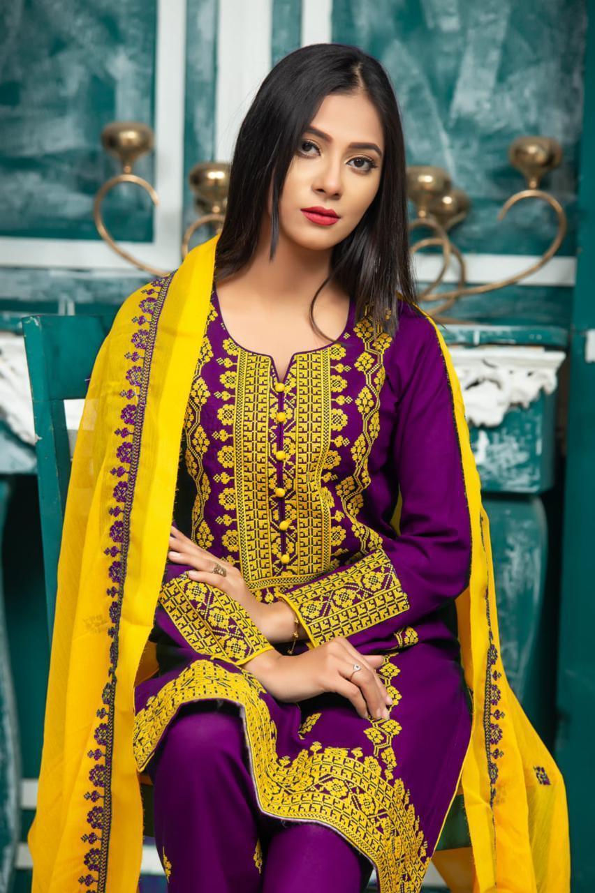 3 Pcs Women's Unstitched Sequins Embroidered Suit