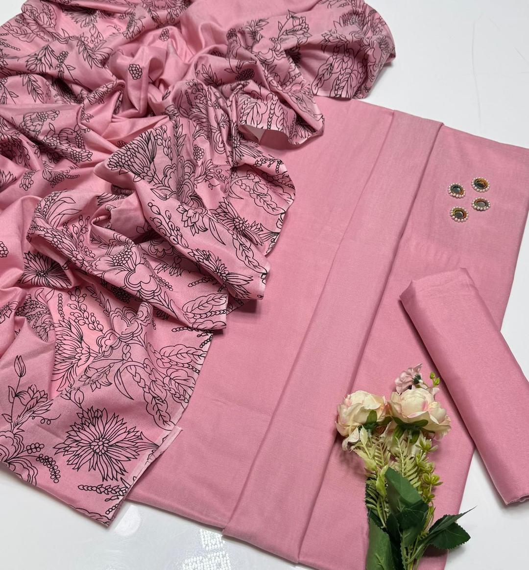 3 Pcs Women's Unstitched Plain Suit