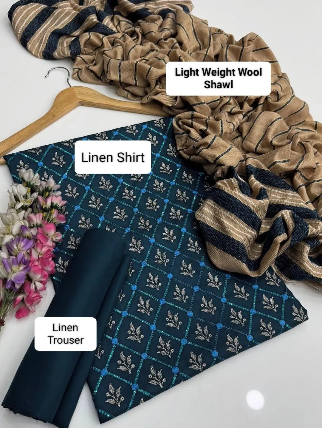 3 Pcs Women's Unstitched Sequins Embroidered Suit